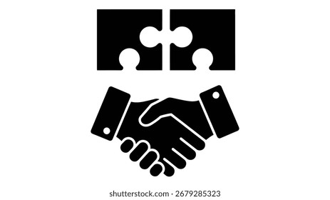 An icon depicting two hands shaking below interlocking puzzle pieces, representing a successful agreement, partnership, or collaborative solution. Isolated on white.