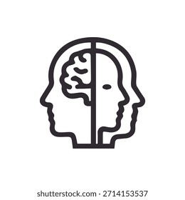 An icon depicting two human heads representing the dual aspects of mind and body intellect and emotion psychology and human nature in a minimalist style.