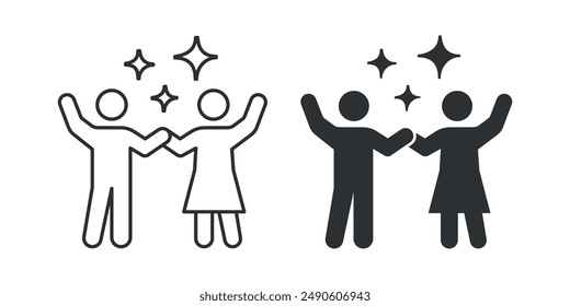 Icon depicting two people celebrating, arms raised with stars above, symbolizing joy and success. Vector illustration.