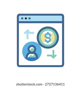 Un ícono que representa una Cuenta de usuario que interactúa con la moneda, establecida en una interfaz de plataforma digital. Estilo de Vector plano con diseño simplificado.