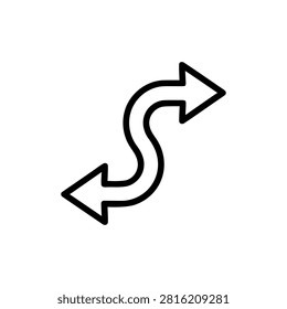 Icon depicting a winding, serpentine path with arrows at both ends indicating bidirectional movement. Useful for representing detours, curves, or changes in direction.