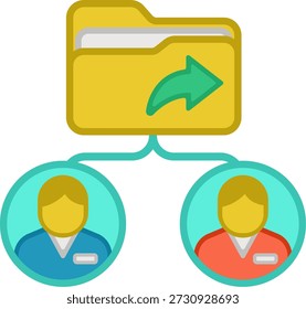 Un icono que representa una carpeta amarilla con una flecha verde, que simboliza el uso compartido de archivos, conectado a dos círculos de perfil de usuario, que representa a dos personas que colaboran digitalmente.
