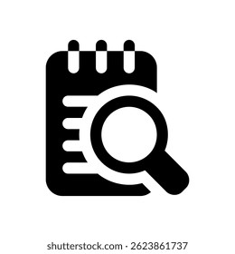 Icon depicts a calendar with a magnifying glass, ideal for scheduling, searching, or date-related digital applications.