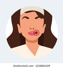 The icon depicts a girl with inflammation on her lips. Vector stock illustration. Chipped lips. Facial care. Character