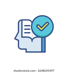 Um ícone representa uma mente com uma marca de seleção que representa conhecimento e sucesso. Design plano com azul e amarelo no fundo branco.