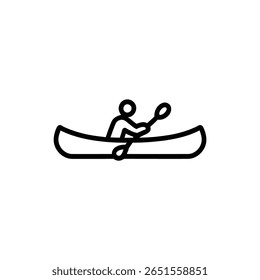 Ícone retrata um contorno preto simplificado de um indivíduo remar uma canoa, renderizado em um estilo minimalista, definido em um pano de fundo transparente limpo para uso versátil.