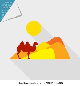 Icon of desert landscape with sand hills, sun and camel