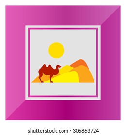 Icon of desert landscape with sand hills, sun and camel