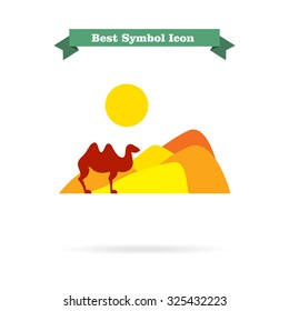 Icon of desert landscape with sand hills, sun and camel