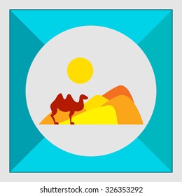 Icon of desert landscape with sand hills, sun and camel