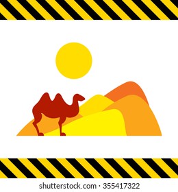 Icon of desert landscape with sand hills, sun and camel