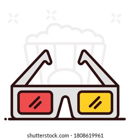 An icon design of 3d cinema glasses in flat style, glares with popcorn 