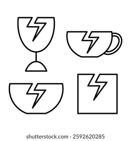 icon design of breakable items in black line art style on white background