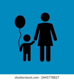 The icon design of a child holding a balloon in his mother's hand is suitable for complementing vector designs, illustrations, stickers, direction boards, traffic signs and supporting application desi