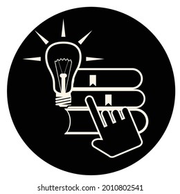 Icon design combination of a book, a pointing hand, and an incandescent lamp.