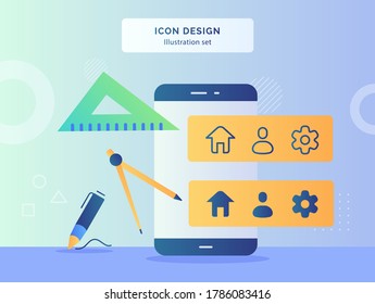 Icon design concept compass drawing ruler pen in front smart phone with house people gear icon on monitor flat style.