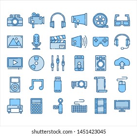 Icon Design Concept, Multimedia And Entertainment In the form of work Filled outline Set.