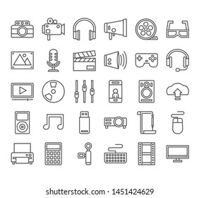 Icon Design Concept, Multimedia And Entertainment In the form of work Outline Set.