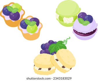 The icon design of cute and juicy grape sweets such as tart and macaron and raisin butter sandwich