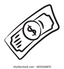 Ein Icon-Design der Dollar-Banknote, bearbeitbare Doodle-Linie, Vektorgrafik 