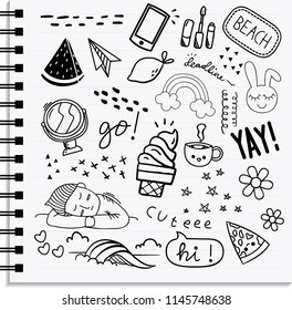 Icon and design element set in hand drawn doodle style 