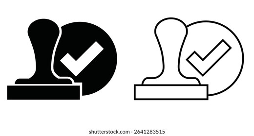Icon design featuring a rubber stamp with a checkmark symbolizing approval and confirmation
