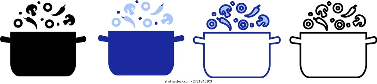 Symboldesign mit verschiedenen Kochtöpfen mit bunten Inhalten, die kulinarische Kreativität in einem einfachen modernen Stil darstellen