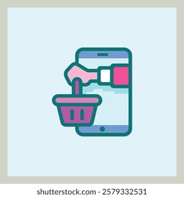 Icon design illustrating online shopping with a hand placing an item into a basket through a mobile device
