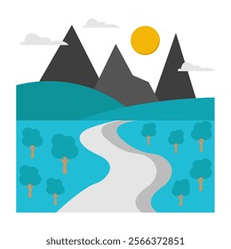 An icon design of mountain river landscape