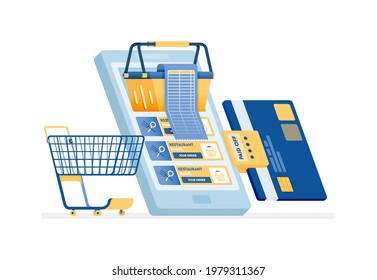 icon design of Pay shopping bills by credit card. People grocery shopping at online supermarkets with mobile apps. this icon can be used for marketing, ads, promotion, company, corporate