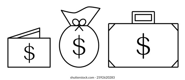 icon design of a place to store or put money consisting of a wallet, sack and suitcase in black line art style on a white background