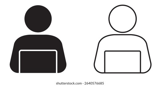 Icon design representing a person using a laptop in two contrasting styles, showcasing digital connectivity and modern communication