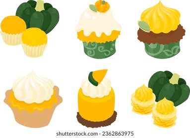 The icon design of soft and fluffy pumpkin sweets such as steamed bread and cupcake and tart and rare cheesecake and pie