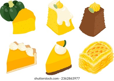 The icon design of soft and fluffy pumpkin sweets such as cake and chiffon cake and tart and rare cheesecake and pie