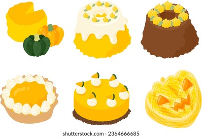 The icon design of soft and fluffy pumpkin sweets such as cake and chiffon cake and tart and rare cheesecake and pie