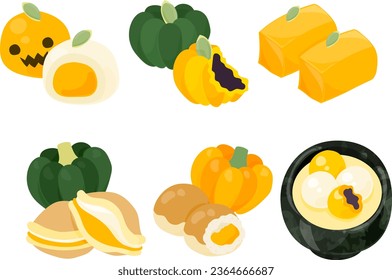 The icon design of soft and fluffy pumpkin sweets such as daifuku and nerikiri and yokan and dorayaki and anpan and shiratama