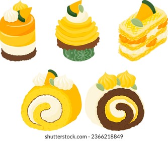 The icon design of soft and fluffy pumpkin sweets such as bavarois and mont blanc and mille-feuille and roll cake