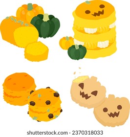 The icon design of soft and fluffy pumpkin sweets such as pound cake and pancake and scone and cookie