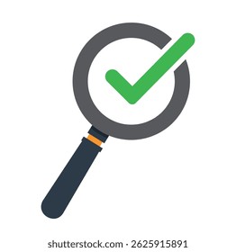Icon design that indicates successful search. Magnifying glass with green check mark symbol. Vector illustration.