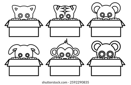 icon design of various animal heads coming out of packaging box in black color line art style on white background