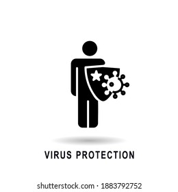 Icon design Virus protection human is holding shield, bacterias can't attack him. Immune system, vaccination, antibiotics. Modern vector illustration.