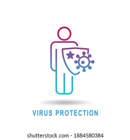 Icon design Virus protection human is holding shield, bacterias can't attack him. Immune system, vaccination, antibiotics. Modern vector illustration.