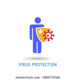 Icon design Virus protection human is holding shield, bacterias can't attack him. Immune system, vaccination, antibiotics. Modern vector illustration.