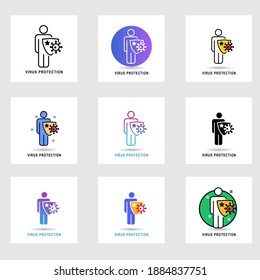 Diseño de iconos La protección contra virus humana es un escudo de sujeción, las bacterias no pueden atacarlo. Sistema inmune, vacunación, antibióticos. Ilustración vectorial moderna.