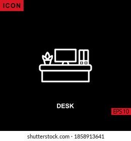 Icon desk with table computer and book vector on black background. Illustration line, linear, outline and lineal icon for graphic, print media interfaces and web design.