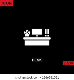 Icon desk with table computer and book vector on black background. Illustration Filled, glyph or flat icon for graphic, print media interfaces and web design.