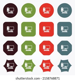 Icon Of Desktop Computer on Different Color Buttons Shape.