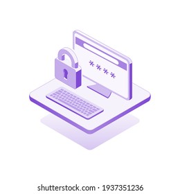 Icon desktop with lock, isometric design infographic