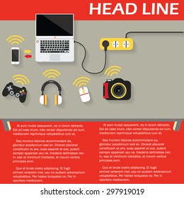 Icon devices on the desk Connected by a signal to the information online. In vector style.