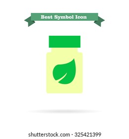 Icon of dietary supplement bottle with leaf picture